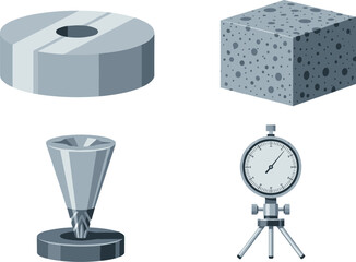 Industrial testing equipment icons showing metal disc, porous material block, precision cone tool, and dial gauge used for engineering measurements