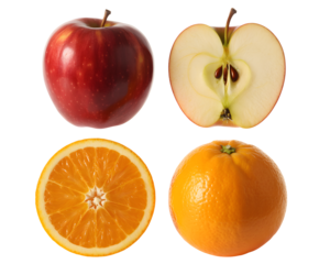 Collection of fresh red apple whole and halved next to whole and sliced orange isolated on transparent background