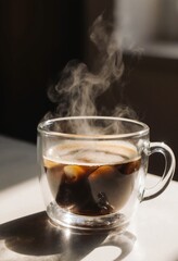 Extreme closeup of a clear glass cup filled with steaming coffee, relaxation concept