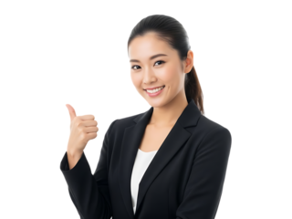 Young asian businesswoman giving a thumbs up gesture with a smile