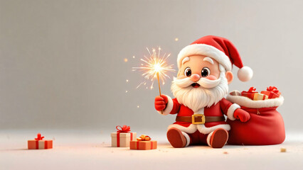 Cute chibi Santa sitting while holding a sparkler with small gift decorations around him. Suitable for Christmas and New Year designs, social media posts, and promotional artwork.