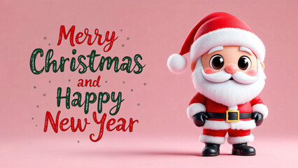 Chibi Santa Claus positioned next to decorative holiday typography on a soft pink background. Great for greeting cards, seasonal posters, and festive advertisements.