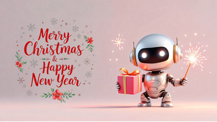 Cute chibi robot wearing a Santa hat and holding a gift box, paired with decorative Christmas typography. Perfect for seasonal cards, festive posters, and digital holiday campaigns.