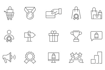 Collation of outline set of market seller. Seller icons related to profits, high quality, sales offer, customer service agent, customers choice, product, shipping and more. Vector illustration.  