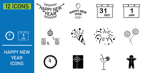 Set of new year holiday web icons in line style. Containing fireworks, dance, resolutions, celebration, party, countdown, wishes and more. New Years celebration elements festive. Vector illustration.