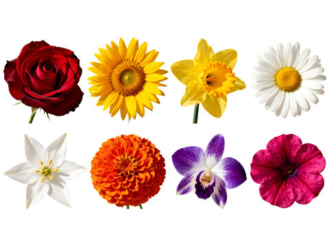 Eight colorful flowers arranged on black background red rose, yellow sunflower, yellow daffodil, white daisy, white star flower, orange zinnia, purple orchid, pink petunia, flowers, floral, botanical,