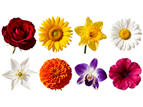 Eight colorful flowers arranged on black background red rose, yellow sunflower, yellow daffodil, white daisy, white star flower, orange zinnia, purple orchid, pink petunia, flowers, floral, botanical,