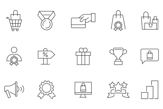 Collation of outline set of market seller. Seller icons related to profits, high quality, sales offer, customer service agent, customers choice, product, shipping and more. Vector illustration.  