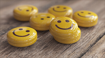 A close-up shot of smiley faces arranged on a wooden surface, evoking happiness and positivity