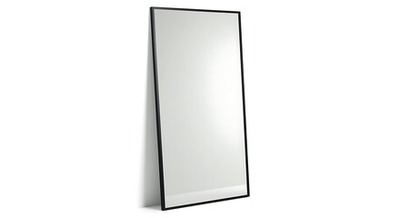 Full length mirror with black frame leaning against a white wall
