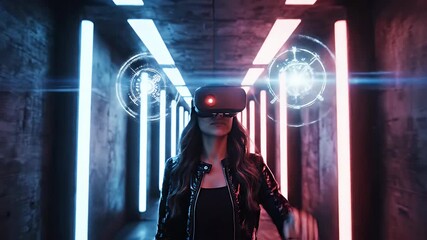 Woman exploring virtual worlds with VR headset in futuristic tunnel, experiencing immersive gaming and entertainment, embracing technology and innovation - Powered by Adobe