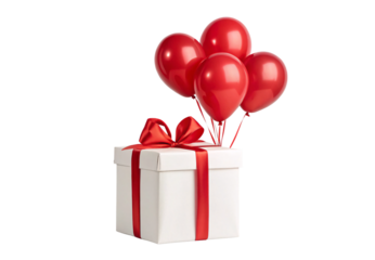 Large white gift box with red satin ribbon, red balloons emerging, celebration present, isolated on a transparent background