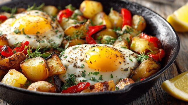 Cast iron skillet full of sunny side up eggs, roasted potatoes, and red bell peppers fora healthy breakfast - Powered by Adobe