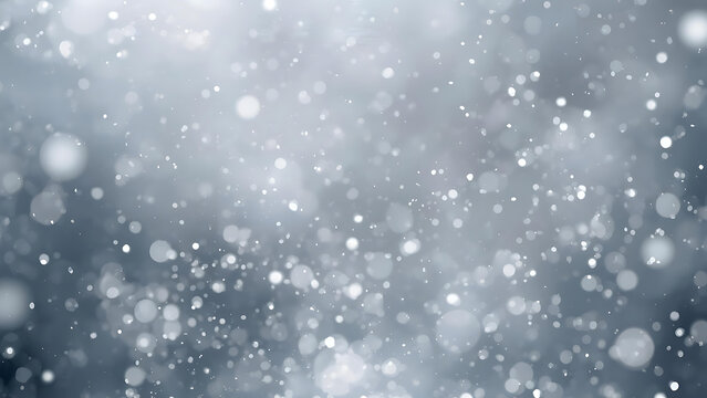 Bright blue bokeh texture of water drops on window glass with falling snowflakes