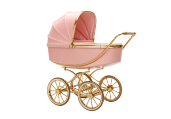 Vintage pink baby carriage with gold wheels and handle, isolated on a transparent background