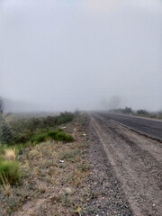Foggy Road to Adventure: A winding road disappears into a dense fog, creating an atmosphere of mystery and anticipation. The gravel and asphalt offer a journey into the unknown.
