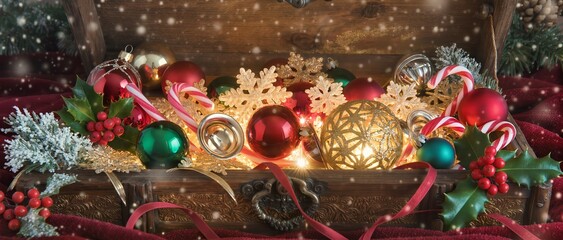 Ancient Glowing Gift Box Spilling Golden Christmas Treasures