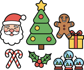 A festive set of cute cartoon Christmas icons including Santa Claus, a decorated tree, gingerbread man, gift box, candy canes, holly berries, and snow globes.