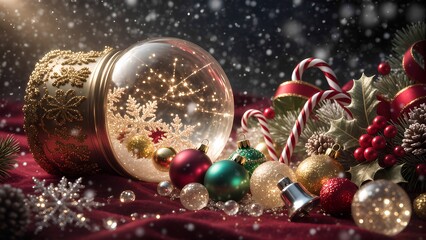 Ancient Golden Snow Globe Spilling Festive Treasures on Crimson Velvet