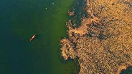 A couple paddles a canoe on a serene lake, surrounded by lush greenery. The tranquil setting highlights their connection and active lifestyle, capturing a peaceful weekend adventure amidst nature.