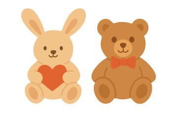 Cute bunny with heart and teddy bear with bow, simple flat illustration perfect for sweet designs.