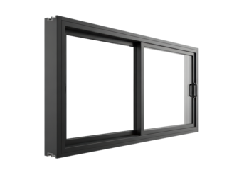 A pristine, modern sliding glass window with a slim, matte black aluminum frame and two crystal-clear panes, isolated on a brilliant white background with copy space. Architectural precision and