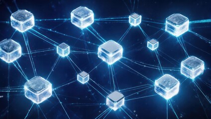 Abstract 3D rendering of interconnected, glowing blue cubes and connecting lines, like a network