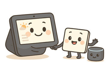 Friendly smart home devices holding hands symbolizing digital connection and automation