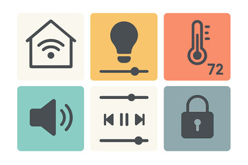 Modern set of smart home control icons for automation, security, climate, and entertainment systems