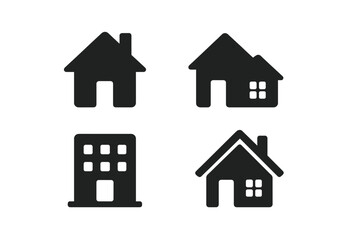 Collection of black silhouette symbols for various residential and commercial buildings architecture