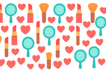 Seamless pattern of beauty accessories, lipstick, mirror, brush, and red hearts