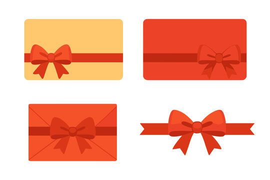 Festive gift cards and envelopes wrapped with red ribbon and bow for holidays and celebrations