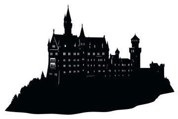 Obraz premium Dramatic black silhouette of a majestic European fairy tale castle perched high on a cliff