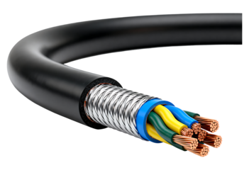 Black industrial cable with exposed copper wires and colored insulation cable, wire, electric, industrial, copper, wires, black, insulation, blue, yellow, green, metal, braided, conduit, power, energy