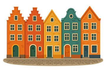 Colorful traditional European houses with stepped gables along a street pavement