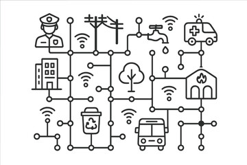 Interconnected Smart City services showing urban infrastructure and public safety