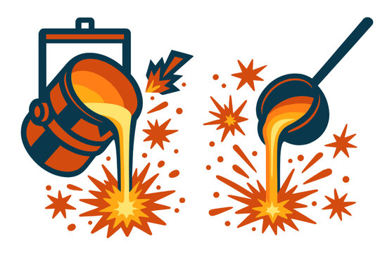 Molten metal pouring from ladle and crucible causing sparks and splashes in foundry