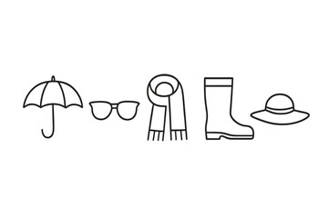 Outline drawings of seasonal accessories including umbrella, glasses, scarf, and boot