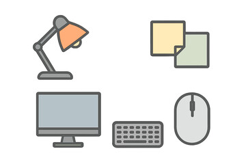 Digital workspace setup with essential computer accessories and equipment symbols in flat design style