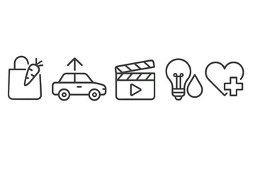 Essential line icons set for shopping, transportation, cinema, energy, and healthcare