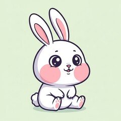 Obraz premium Cute Cartoon Bunny Sitting on Light Green Background with Big Eyes Pink Cheeks and Fluffy Tail
