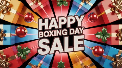 Bright and colorful happy boxing day sale promotion with gift boxes and ornaments for holiday shopping season celebration