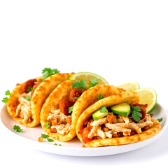 Delicious chicken tacos on a white plate garnished with fresh lime and cilantro