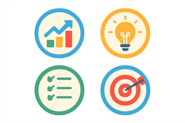 Business strategy symbols showing growth chart, idea lightbulb, checklist, and target goal