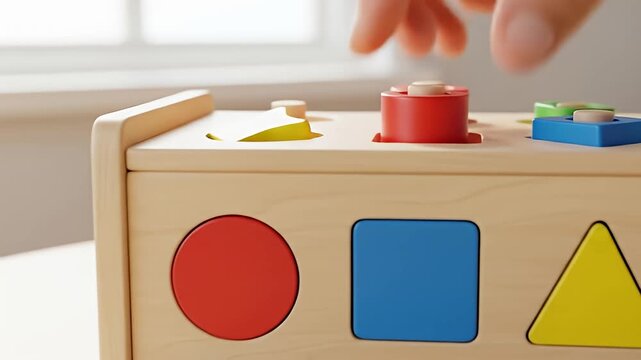 A hand places a yellow wooden shape into a shape sorter toy, demonstrating problem-solving and fine motor skills in early childhood education.