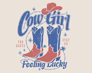 Hand drawing cowgirl boots and head with typography slogan. westran women's girl's tee shirt sweatshirt vector graphics design. © Justin