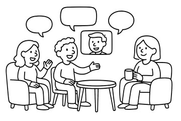 Hybrid meeting setup with people sitting around a table communicating and video conference screen