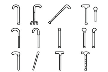 Different types of medical walking canes and mobility sticks outline icons