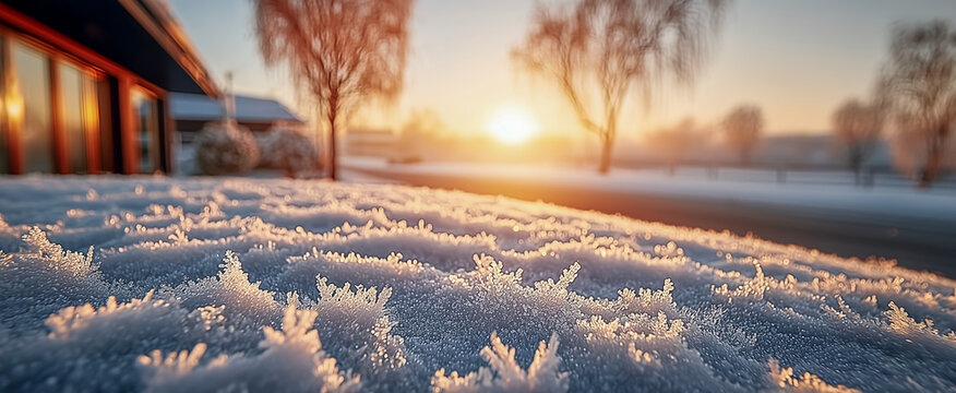 Close-up of frosty snow with sunrise in winter landscape - Powered by Adobe