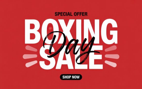 Promotional boxing day sale poster with special offer and shop now on red background for online shopping